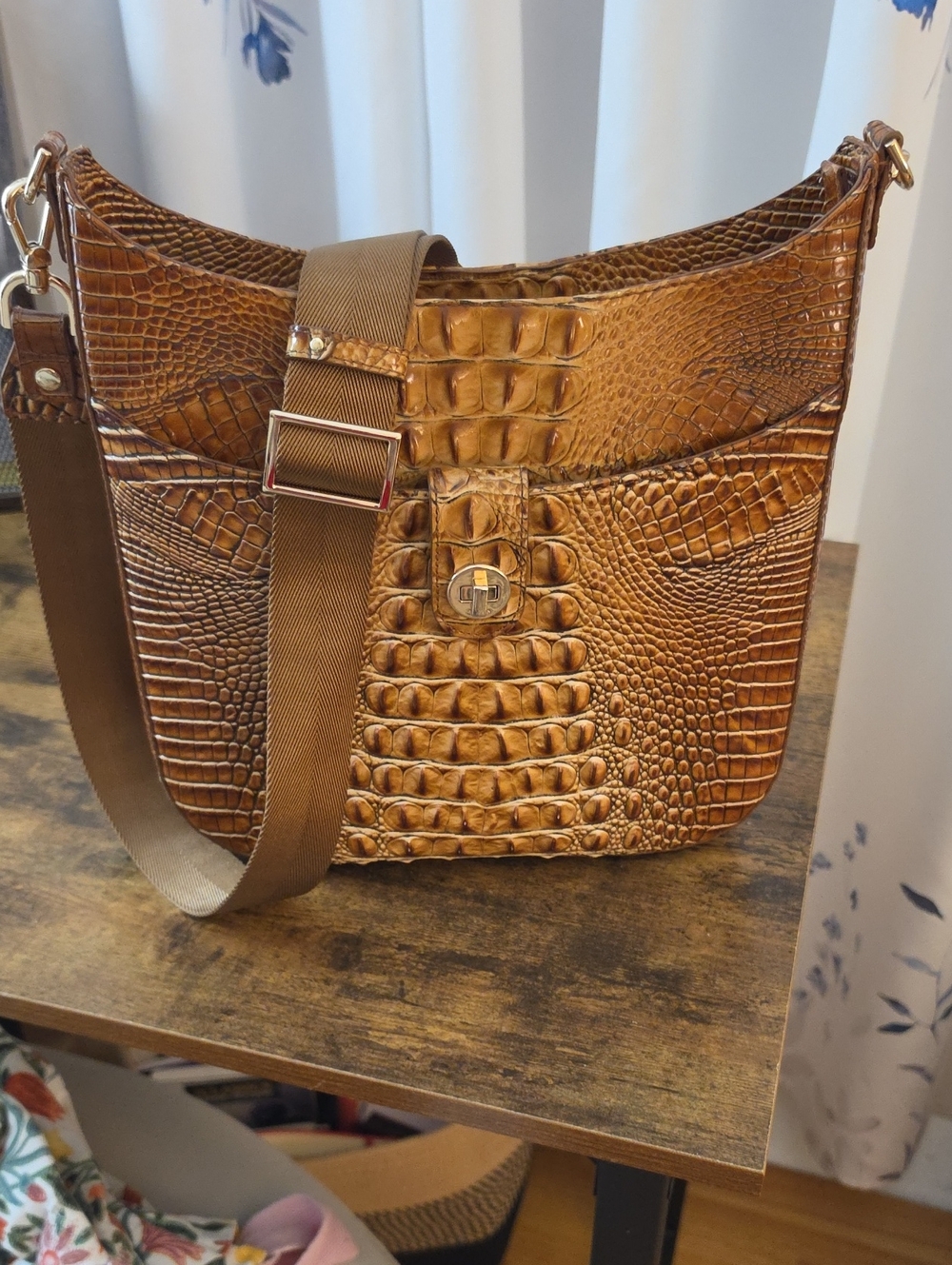 Croc-Embossed Crossbody Bag in Luggage Brown with Wide Strap